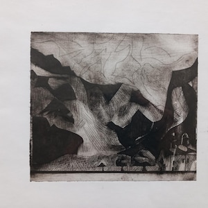 SALE: Untitled, original abstract landscape monochrome, monoprint, unframed (2019).  Exploring markmaking and texture.