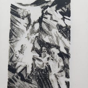Artist proof lithograph - &quot;Three Grannies&quot;, unframed on off white paper, original stone lithography, exploring family memories