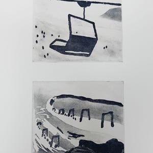 May include: Black and white linocut print of a ski lift. The print is titled "Ski Lift" and signed "Popphouser". The print is numbered 3/5.