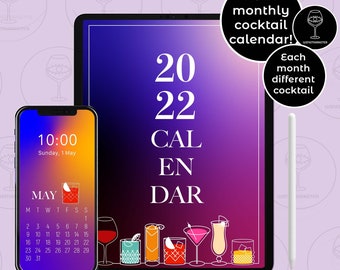 PRINTABLE Calendar 2022 | Cocktail Calendar | Digital Calendar 2022 | Digital Monthly Calendar | 2022 Wallpapers | Instant Download