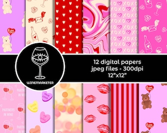 Wine Digital Paper | Wine Lovers | February Monthly Kit | Wine Centerpiece | JPEG bundle | Valentine's Day Digital Paper