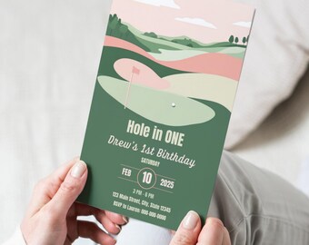 Pink and Green Golf Birthday Invitation for Girls, Hole In One Invite, Preppy Pink Golf Invitation Template, Editable Canva Instant Download