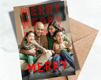 Bold Modern Merry Christmas Photo Card - Customizable Family Holiday Card, Minimalist Christmas card, Personalized Greeting Card