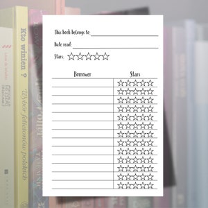 May include: A black and white printable book log with the text "This book belongs to:", "Date read:", and "Stars:". The log has a section for "Borrower" and "Stars" with lines for writing in names and rating the book.