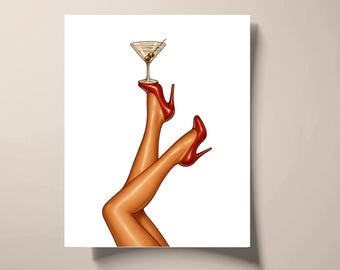 May include: Illustration of legs in red high heels holding a martini glass with olives. The legs are crossed, and the martini glass is balanced on the foot. The artwork is set against a white background.