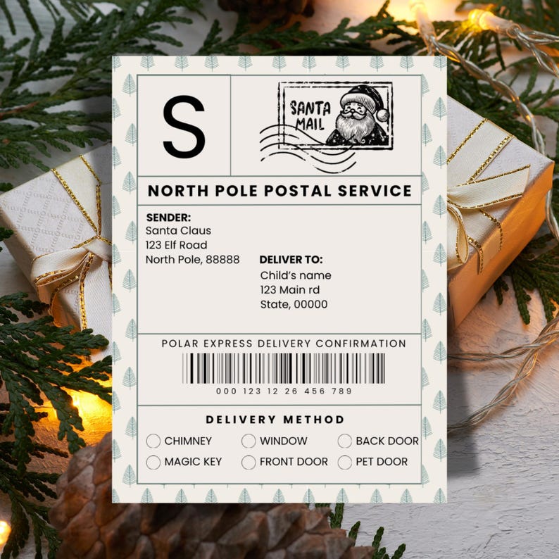 Festive North Pole delivery label with Santa Mail stamp displayed among neatly wrapped presents. Perfect for adding holiday magic to children’s Christmas gifts.