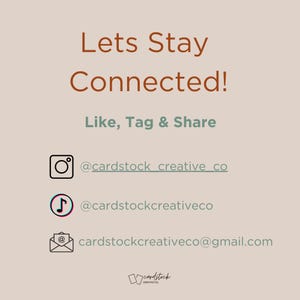 Stay connected banner for Cardstock Creative Co., featuring Instagram and TikTok handles and email contact. Encourages engagement and sharing for holiday gift tag and sticker products.