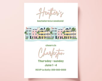 May include: A bachelorette party invitation with a colorful illustration of pastel-colored houses with palm trees in front of them. The text reads "Heather's bachelorette weekend, cheers in Charleston, Thursday-Sunday, June 1-4, RSVP to Kelly: 000-000-0000".