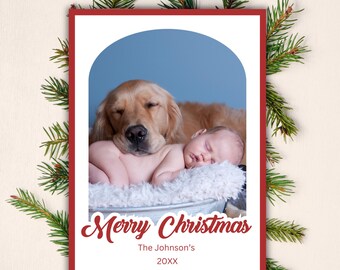Red Border Christmas Card with Family Photo, Customizable Holiday Greeting Card, Modern Personalized Card,  Double Sided Copy