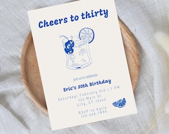 Retro 30th Birthday Invitation Template, Editable Digital Download for Minimalist Birthday Party, Modern Cocktail Birthday Party