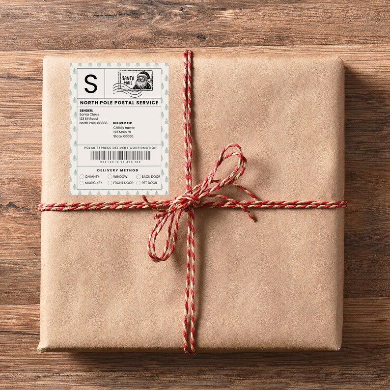 Kraft-wrapped Christmas present tied with festive red twine featuring a personalized North Pole delivery sticker. A charming way to bring Santa’s magic to holiday gift-giving.