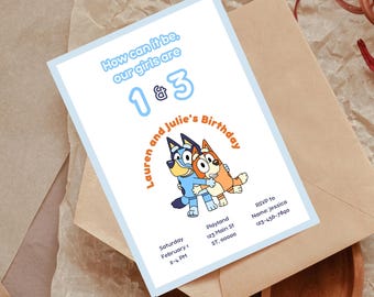 Editable Bluey and Bingo Birthday Invitation - Customizable Digital File, Bluey Birthday Invite for two kids,  Birthday Invitation Template