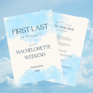 Bride is on Cloud 9 Bachelorette Invite and Itinerary, Light blue Bachelorette, Watercolor Bachelorette, Customizable Bachelorette Template