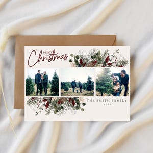 Carte photo de Noël florale avec mise en page de 3 photos - voeux de vacances personnalisés - cartes de Noël de famille simples, carte recto-verso imprimée