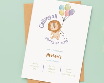 Oproep aan alle feestbeesten bewerkbare verjaardagsuitnodiging, aquarel dierentuin thema, Safari avontuur uitnodiging sjabloon, digitale download
