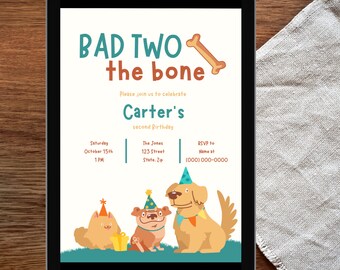 Slecht tot op het bot Pawty uitnodiging - aanpasbare hond verjaardagsuitnodiging - digitale of afdrukbare, bewerkbare verjaardagsuitnodiging