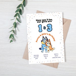 Editable Bluey and Bingo Birthday Invitation - Customizable Digital File, Bluey Birthday Invite for two kids,  Birthday Invitation Template