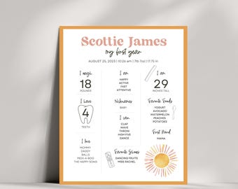 May include: A personalized baby milestone poster with a peach and gold color scheme. The poster includes the baby's name, birthdate, weight (18 pounds), height (29 inches), and favorite things. The text on the poster reads "Scottie James, my first year."