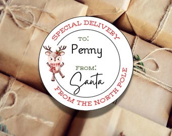 Santa Gift Tag Stickers – Personalized Christmas Labels for Kids – Custom To/From Name Tags for Holiday Presents & Stocking Stuffers