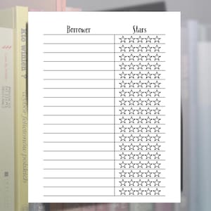 May include: A black and white printable tracker with the words "Borrower" and "Stars" at the top. The tracker has 25 rows with a blank space for the borrower's name and a row of five stars for rating.