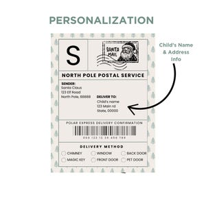 Customizable North Pole delivery label highlighting personalization options for child's name and address. Perfect for creating magical holiday gifts with a whimsical Santa-approved design.