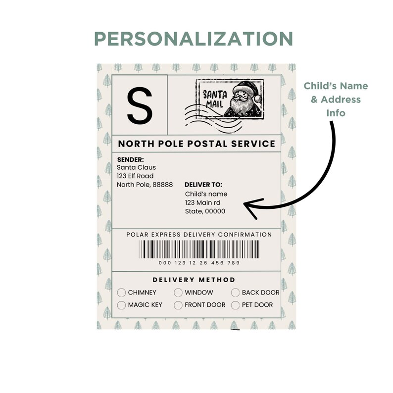 Customizable North Pole delivery label highlighting personalization options for child's name and address. Perfect for creating magical holiday gifts with a whimsical Santa-approved design.