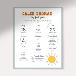 Jalon modifiable de la première année sur le thème du soleil, affiche personnalisée pour bébé, souvenir de 1er anniversaire, téléchargement numérique imprimable personnalisé