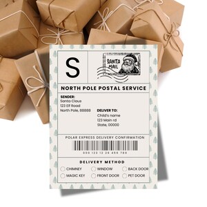 Festive North Pole delivery label with Santa Mail stamp displayed among neatly wrapped presents. Perfect for adding holiday magic to children’s Christmas gifts.