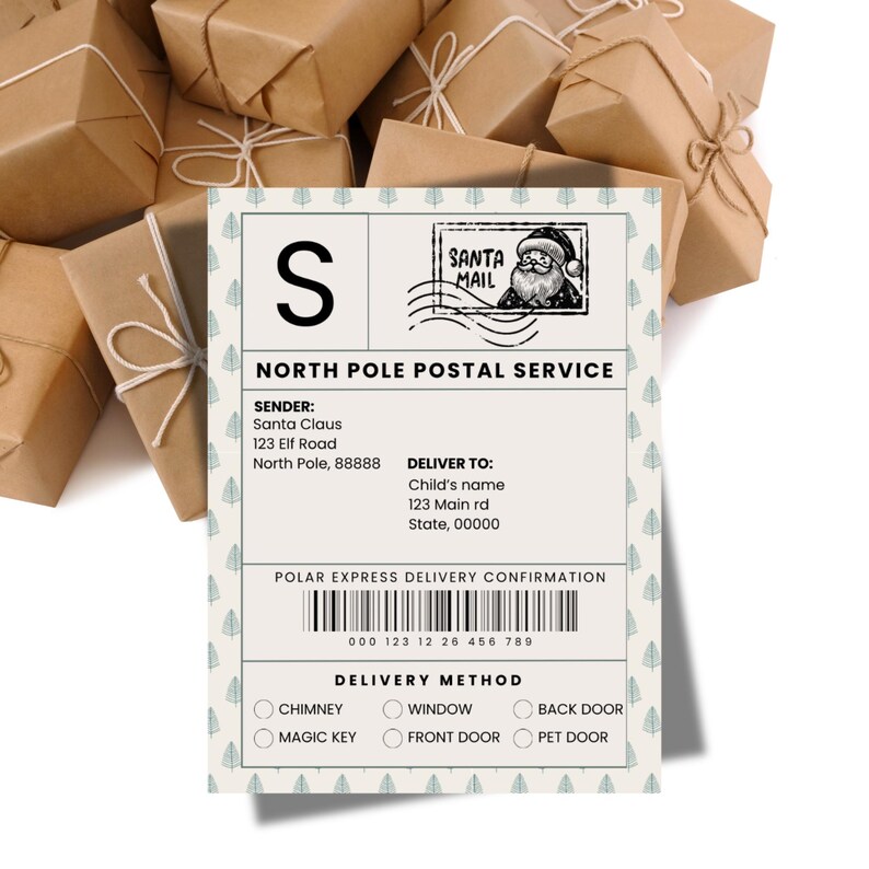 Festive North Pole delivery label with Santa Mail stamp displayed among neatly wrapped presents. Perfect for adding holiday magic to children’s Christmas gifts.