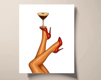 May include: Illustration of a martini glass balanced on the feet of a person wearing red high heels. The martini is dark brown with coffee beans on top. The legs are tan and crossed.