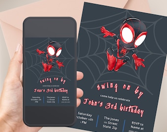 May include: A black and red cartoon Spiderman character is swinging on a web. The invitation says "Swing on by, come help us celebrate John's 3rd birthday". The invitation is for Saturday, October 15th at PM. The Jones, 123 Street, State Zip. RSVP to Name at (000) 000-0000.