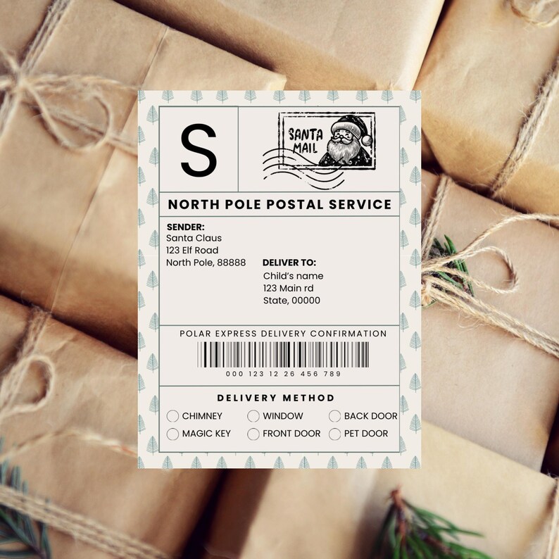 Santa-inspired North Pole delivery label sticker on a stack of brown paper-wrapped Christmas gifts. Festive design features candy cane stripes and customizable recipient details.