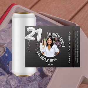 Custom 21st Birthday Photo Can Labels - Personalized Skinny Can Stickers, Finally Legal Beer Labels, Unique Party Favors, Birthday Present
