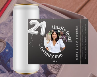 Custom 21st Birthday Photo Can Labels - Personalized Skinny Can Stickers, Finally Legal Beer Labels, Unique Party Favors, Birthday Present