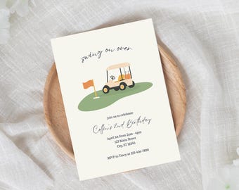 May include: A golf-themed birthday invitation with a cartoon golf cart on a green field. The invitation reads "Swing on over" and includes the text "Join us to celebrate Collin's 2nd Birthday". The invitation also includes the date, time, address, and RSVP information.