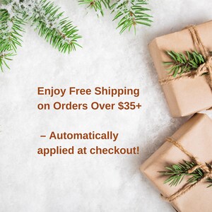 Free shipping banner on snow background with wrapped gifts and green pine sprigs. Highlights 'Enjoy Free Shipping on Orders Over $35' automatically applied at checkout. Perfect for holiday shopping incentives.