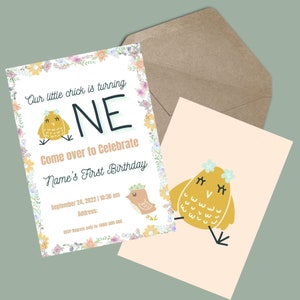 Our Little Chick is Turning One Birthday Invitation, First Birthday Party, Pastel Flowers and Chicks, Personalized Birthday Invitation
