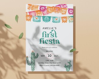 First Fiesta Birthday Invitation Editable Digital Download, Customizable Cinco De Mayo Party Invite, DIY Fiesta 1st Birthday Party Invite