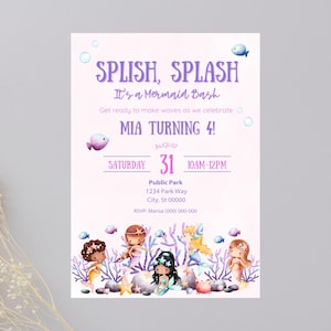 Invito di compleanno a tema sirena Splish Splash - Download digitale, modello di compleanno personalizzato sottomarino, invito per festa a tema sirena stravagante