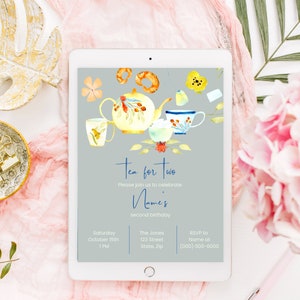 Tea for Two Editable Birthday Invitation Template, Tea Party Themed Second Birthday, Printable or Digital Custom High Tea Birthday Invite