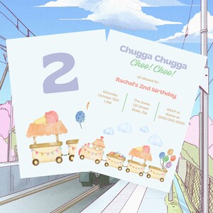Watercolor Party Train Birthday Invitation - Digital Download - Themed Birthday Invite, Train Themed Kid&#39;s Birthday, Chugga Chugga Choo Choo