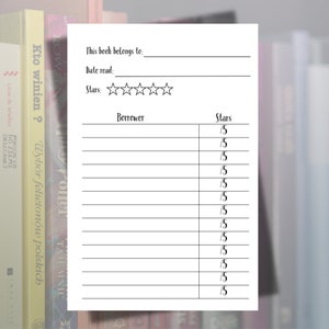 May include: A white book log sheet with the text "This book belongs to:" and "Date read:" printed in black. The sheet includes a section for rating the book with stars and a borrower section.