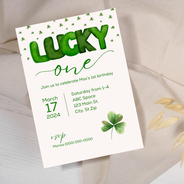 Editable Lucky One Shamrock Birthday Invitation Template - Printable or Digital Custom St. Patrick's Day 1st Birthday Invite, Shamrock Party