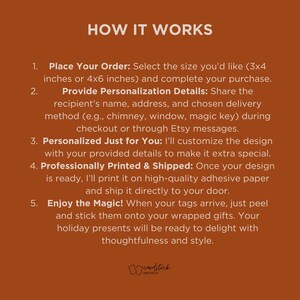 Step-by-step guide for ordering custom North Pole delivery stickers. Personalize with your child’s details, professionally printed and shipped for magical holiday gifts. Available in 3x4 or 4x6 sizes.