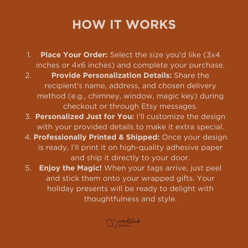 Step-by-step guide for ordering custom North Pole delivery stickers. Personalize with your child’s details, professionally printed and shipped for magical holiday gifts. Available in 3x4 or 4x6 sizes.