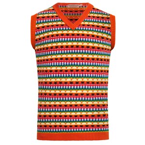 K&ouml;nnte beinhalten: Eine &auml;rmellose Strickweste mit V-Ausschnitt. Die Weste hat ein buntes Streifenmuster mit orange, rot, gelb, gr&uuml;n, blau und wei&szlig;en Streifen. Die Weste ist aus einem weichen, bequemen Material gefertigt.