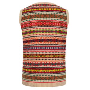 May include: A sleeveless knitted vest with a colorful geometric pattern in shades of red, orange, yellow, green, blue, and black. The vest has a beige background.