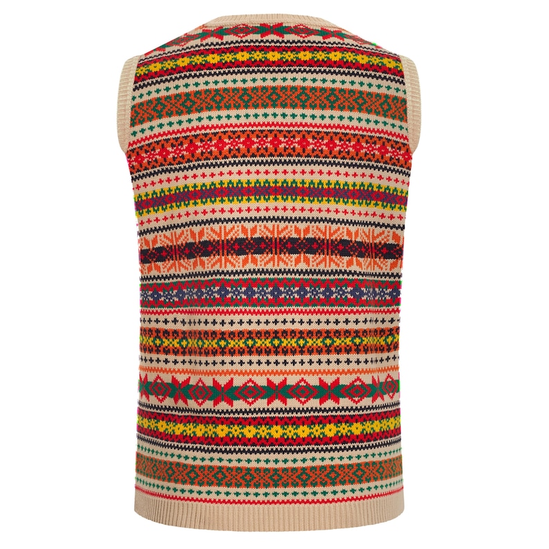 May include: A sleeveless knitted vest with a colorful geometric pattern in shades of red, orange, yellow, green, blue, and black. The vest has a beige background.