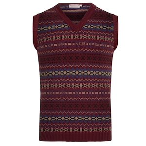 May include: A burgundy sleeveless sweater with a geometric pattern in shades of blue, brown, and beige.