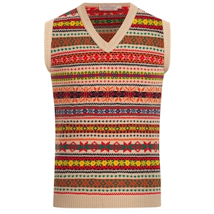 May include: A beige sleeveless sweater with a V-neck and a colorful geometric pattern. The pattern features red, orange, yellow, green, blue, and black stripes and designs.